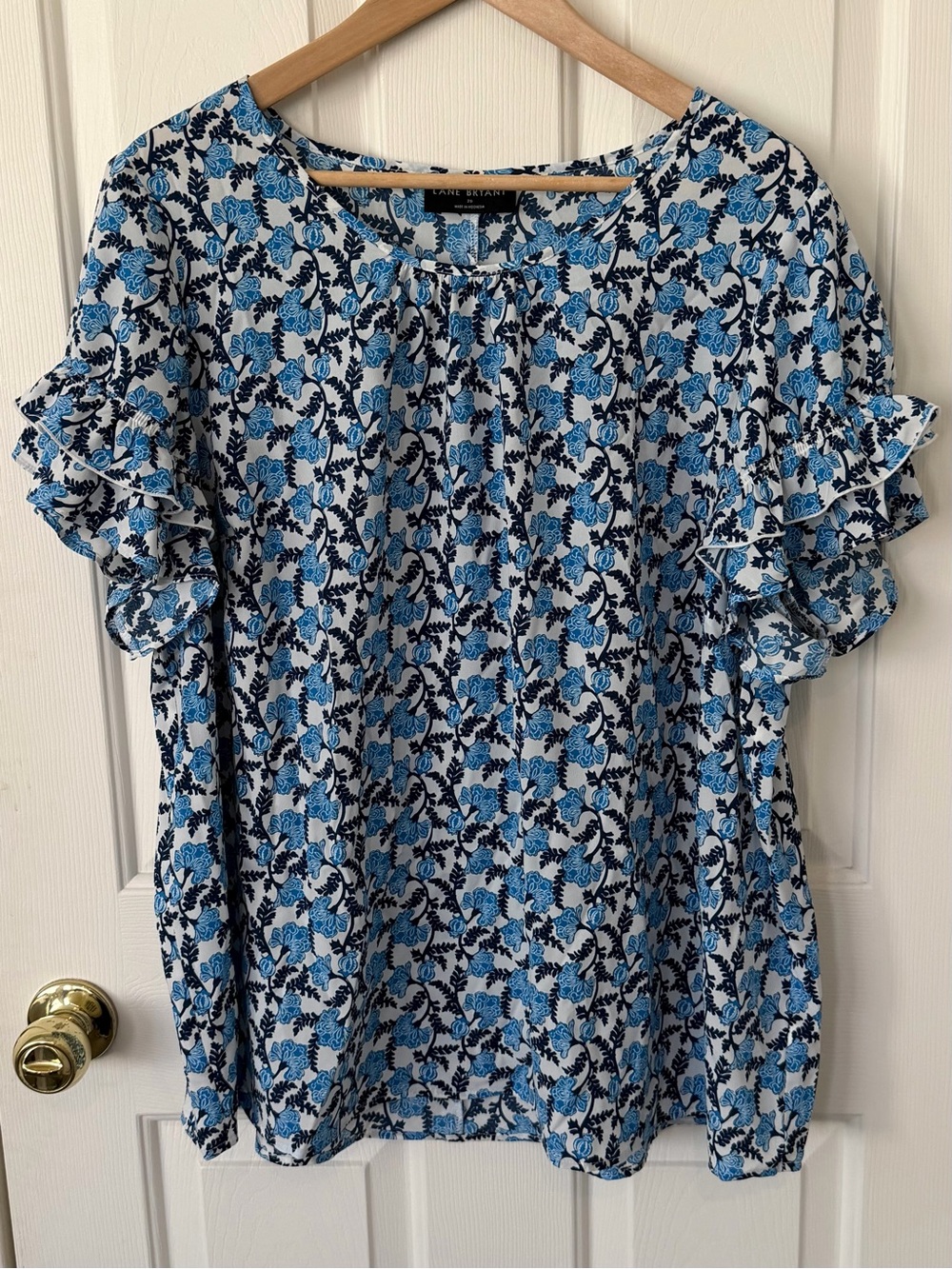 Lane Bryant Blue and Navy Floral Ruffle Sleeve Blouse